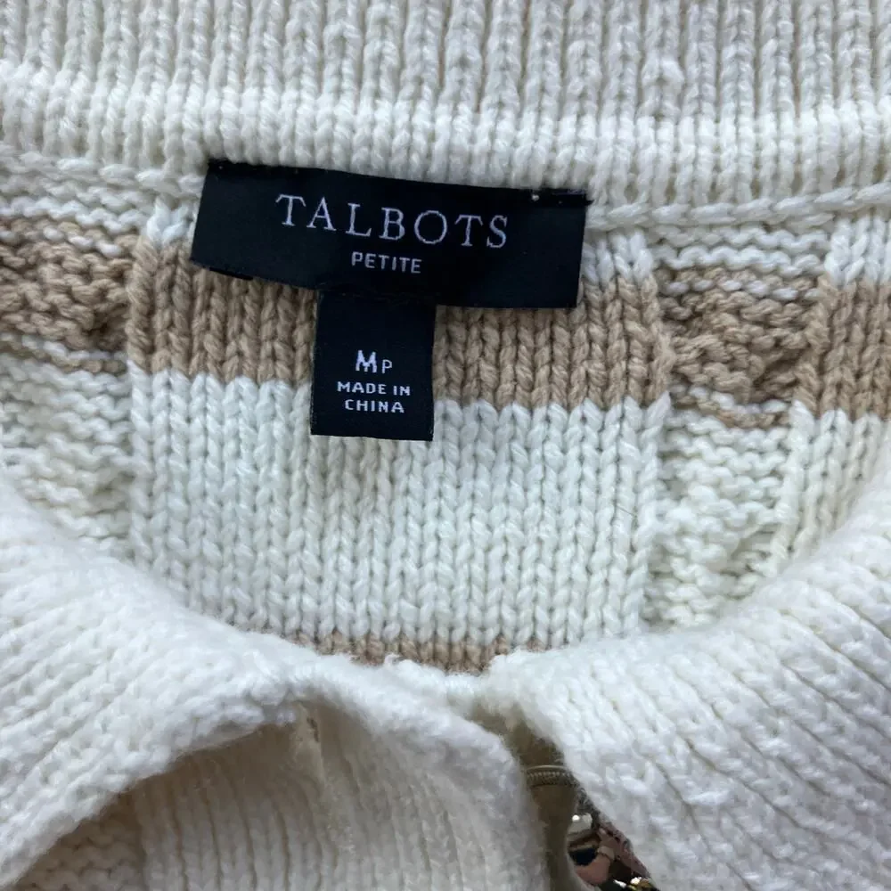 Talbots Collared Button Up Fisherman Knit Cardigan Size MP Tan White Stripe